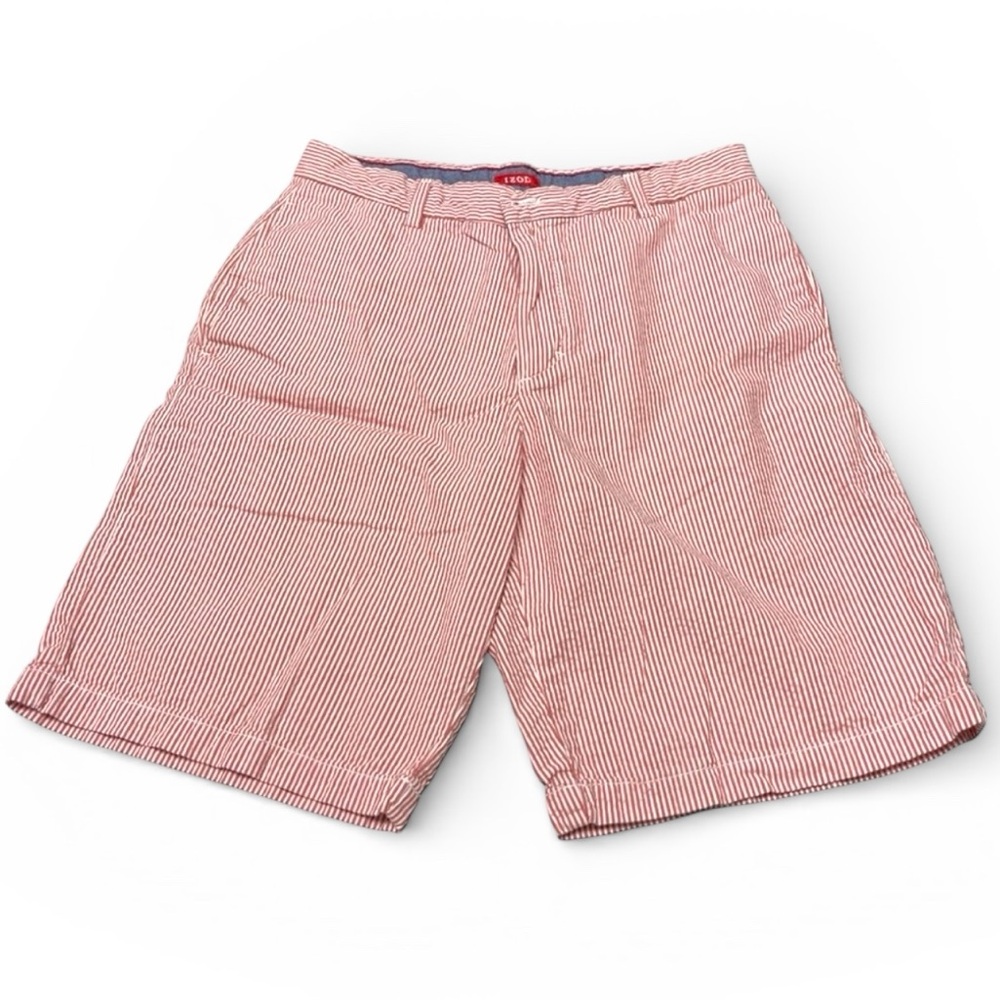 Izod Seersucker Shorts Men’s 32 Red White Stripe Preppy Summer Flat Front